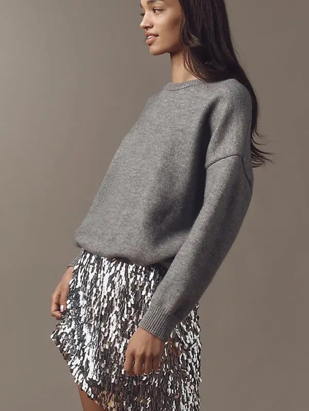 Mare Mare for Anthropologie NWT Gray Knit Sequin Mini Sweater Dress L Holiday